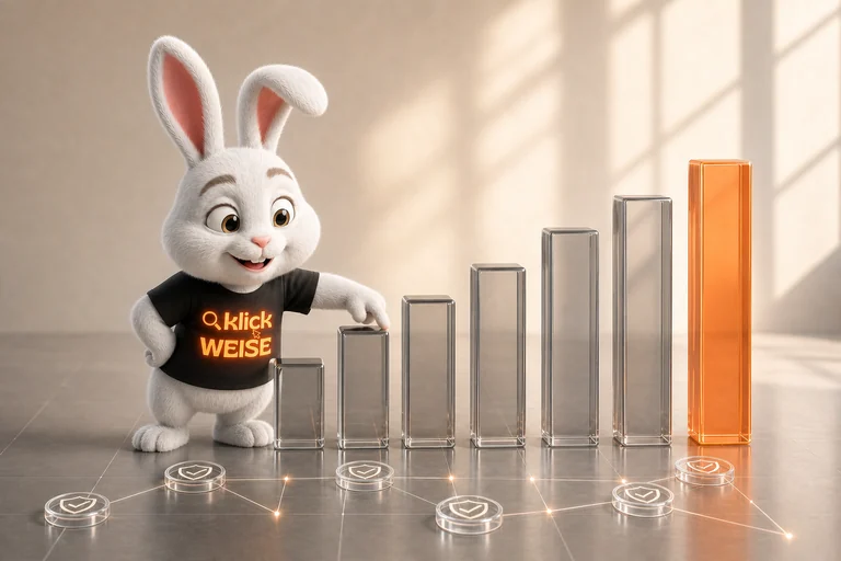 Klickweise-Maskottchen visualisiert KI-Zitierindex in einer eigenständigen Mess- und Analyseszene.